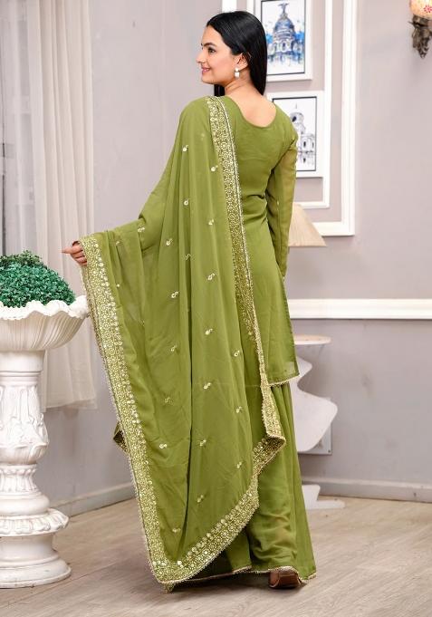 Green Embroidered Georgette Sharara Set With Dupatta