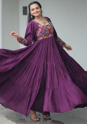 Wine Embroidered Rayon Gown