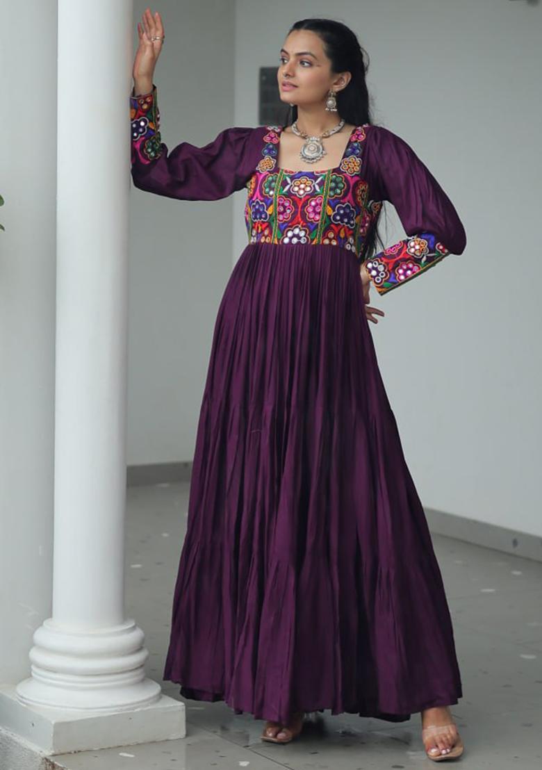 Wine Embroidered Rayon Gown - Indya