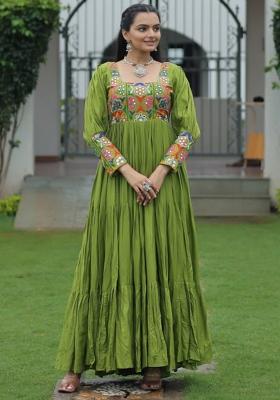 Green Embroidered Rayon Gown