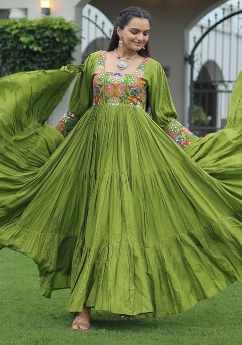 Green Embroidered Rayon Gown - Indya