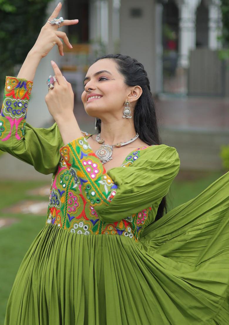 Green Embroidered Rayon Gown - Indya