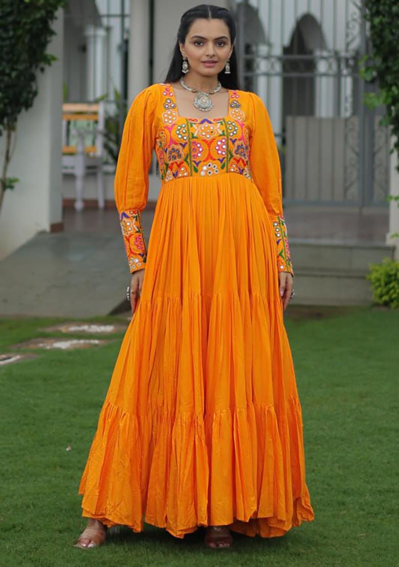 Yellow Embroidered Rayon Gown - Indya