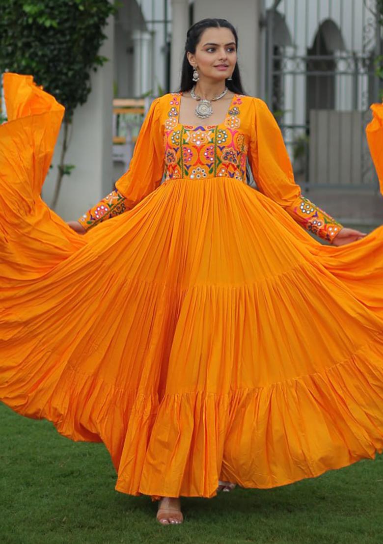 Yellow Embroidered Rayon Gown - Indya