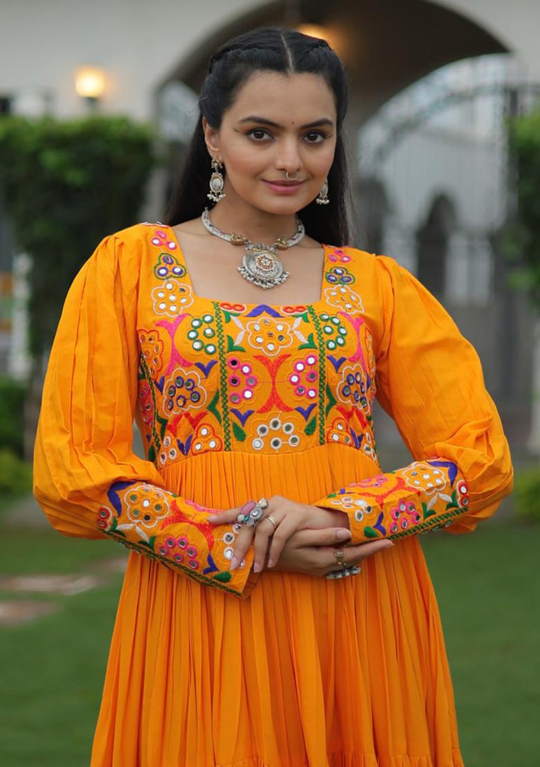 Yellow Embroidered Rayon Gown - Indya