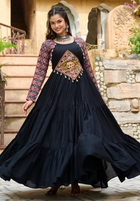 Black Embroidered Rayon Gown
