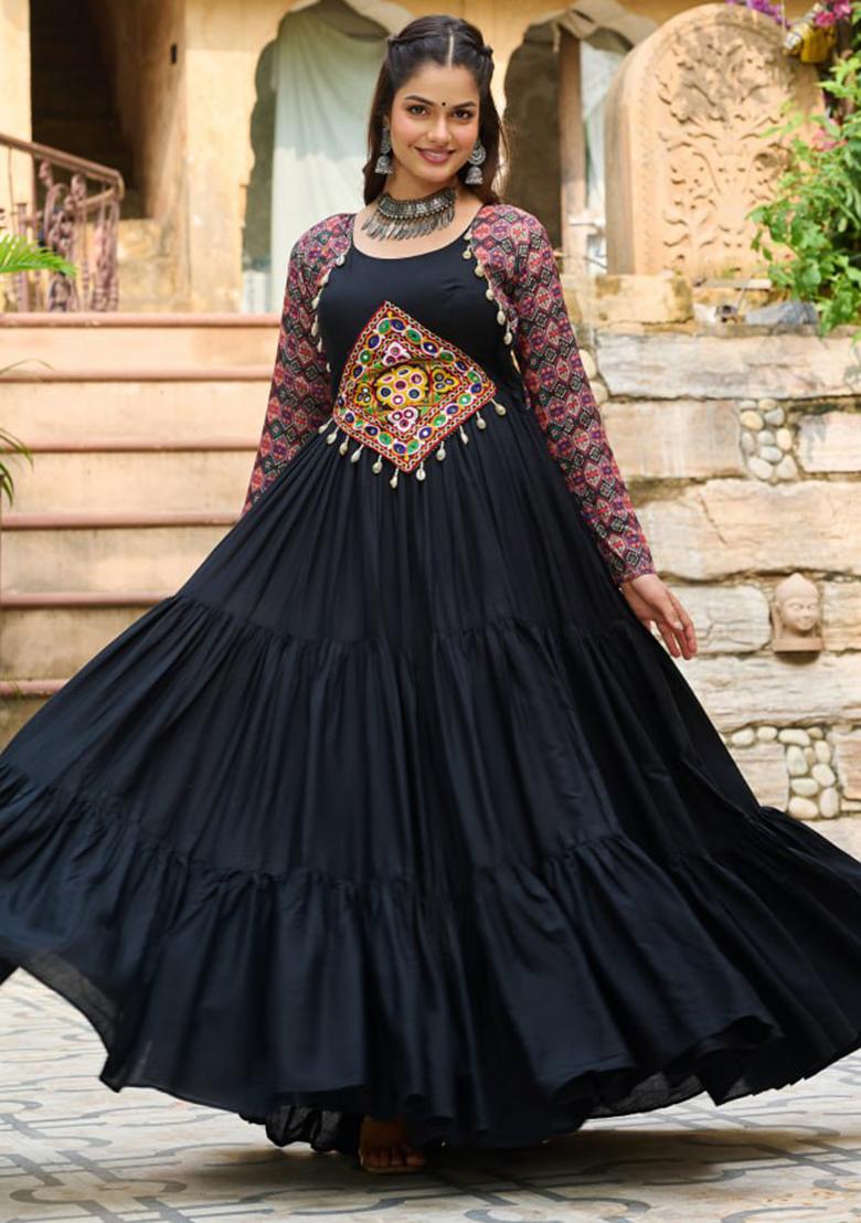 Black Embroidered Rayon Gown - Indya
