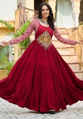 Maroon Embroidered Rayon Gown