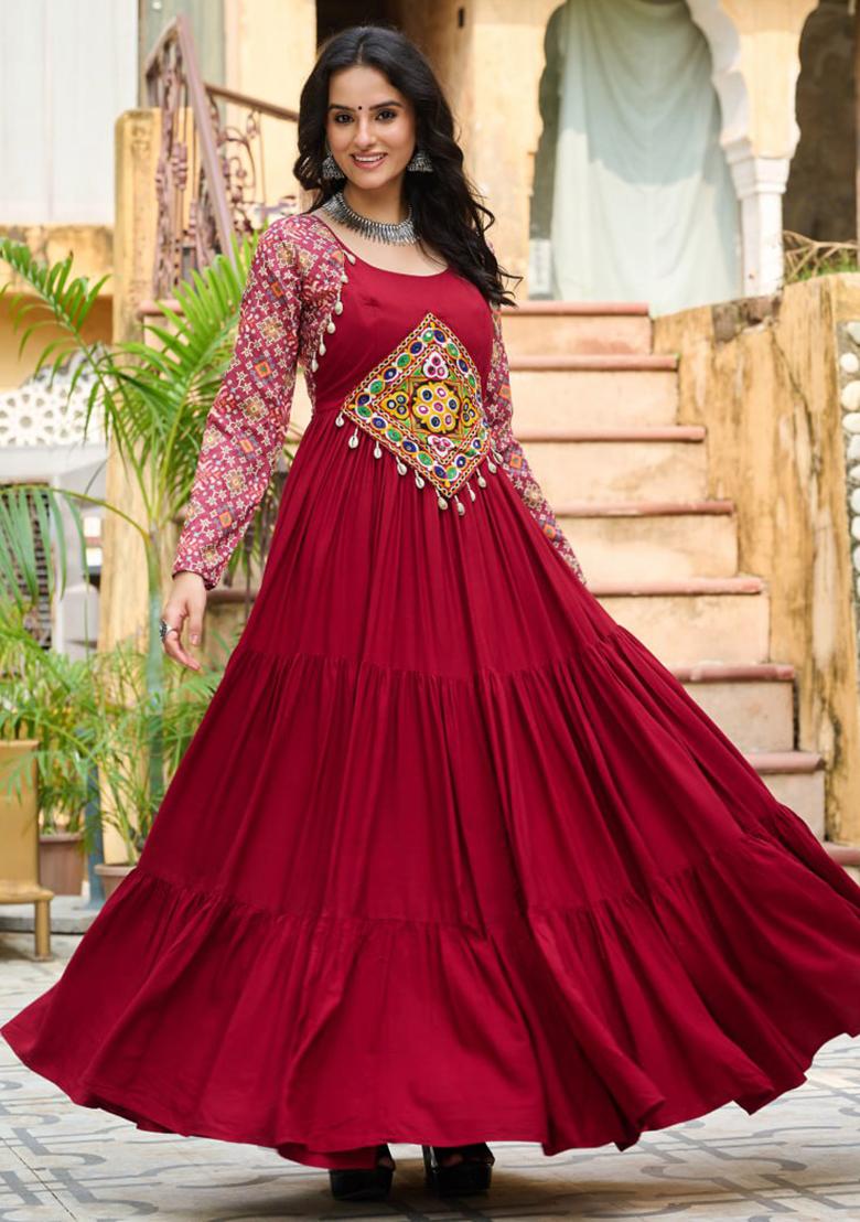 Maroon Embroidered Rayon Gown - Indya