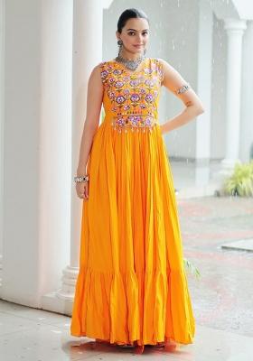 Yellow Embroidered Rayon Gown