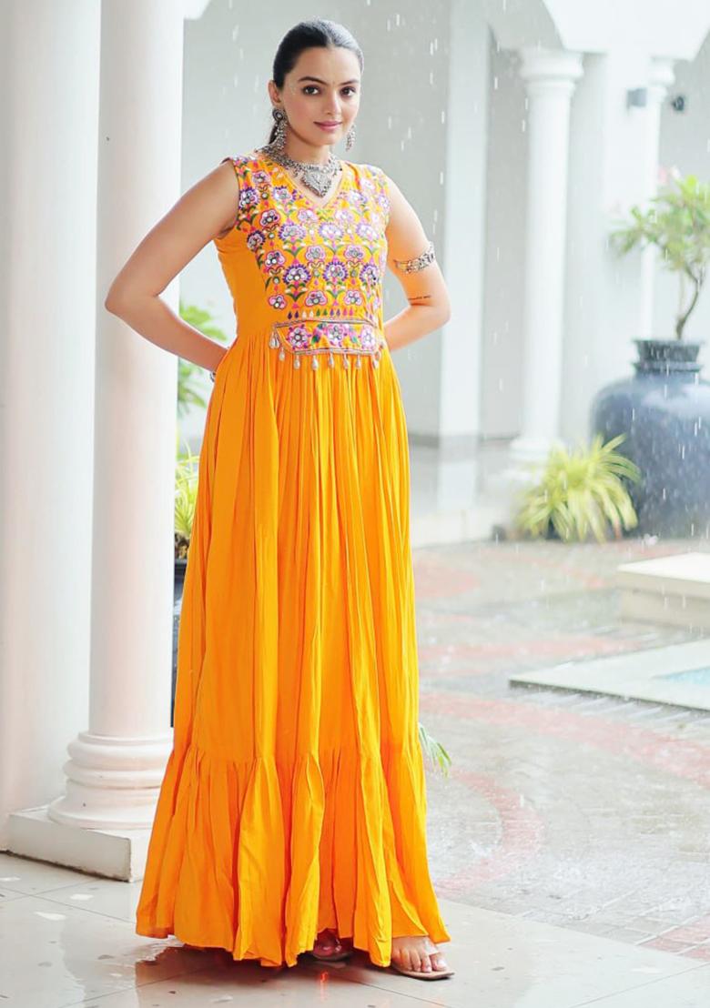 Yellow Embroidered Rayon Gown - Indya