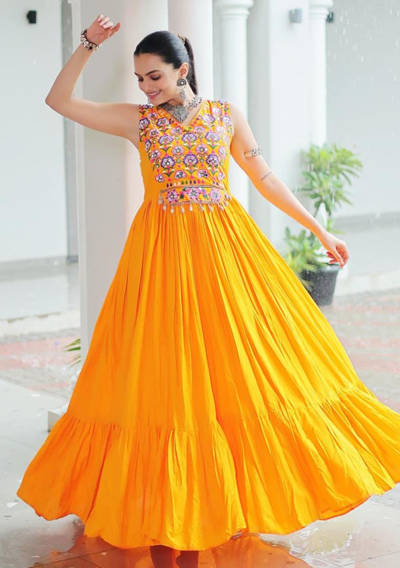 Yellow Embroidered Rayon Gown - Indya