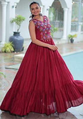 Maroon Embroidered Rayon Gown