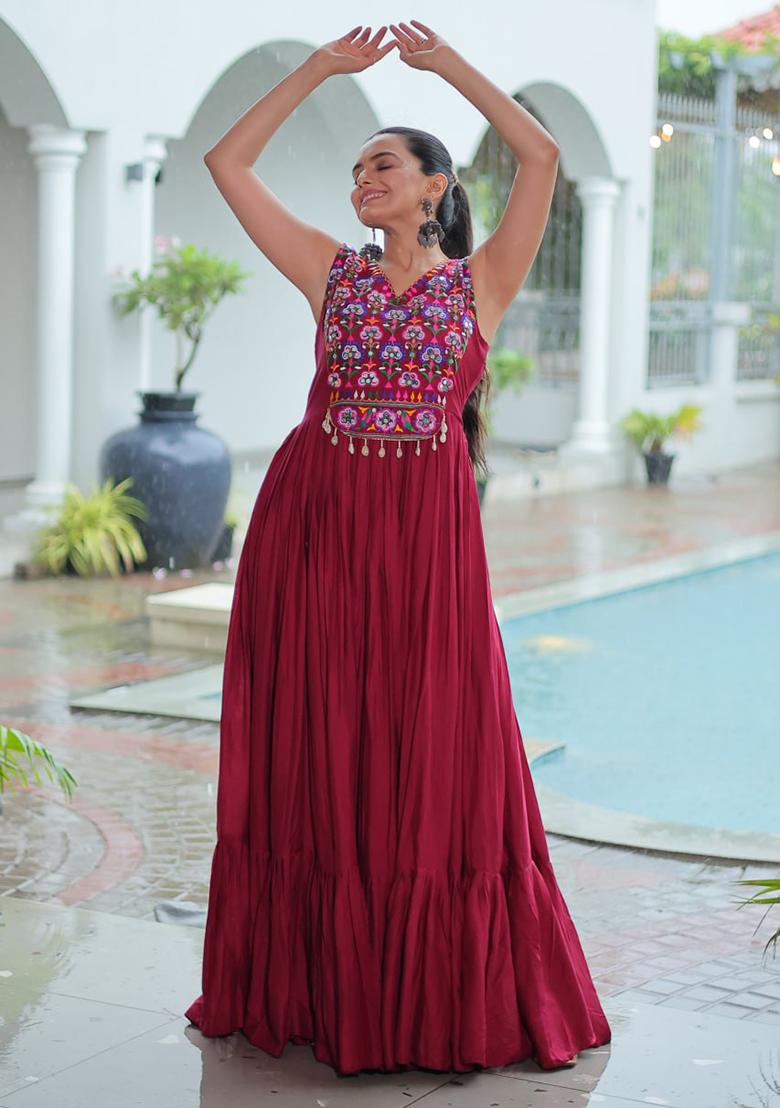 Maroon Embroidered Rayon Gown - Indya