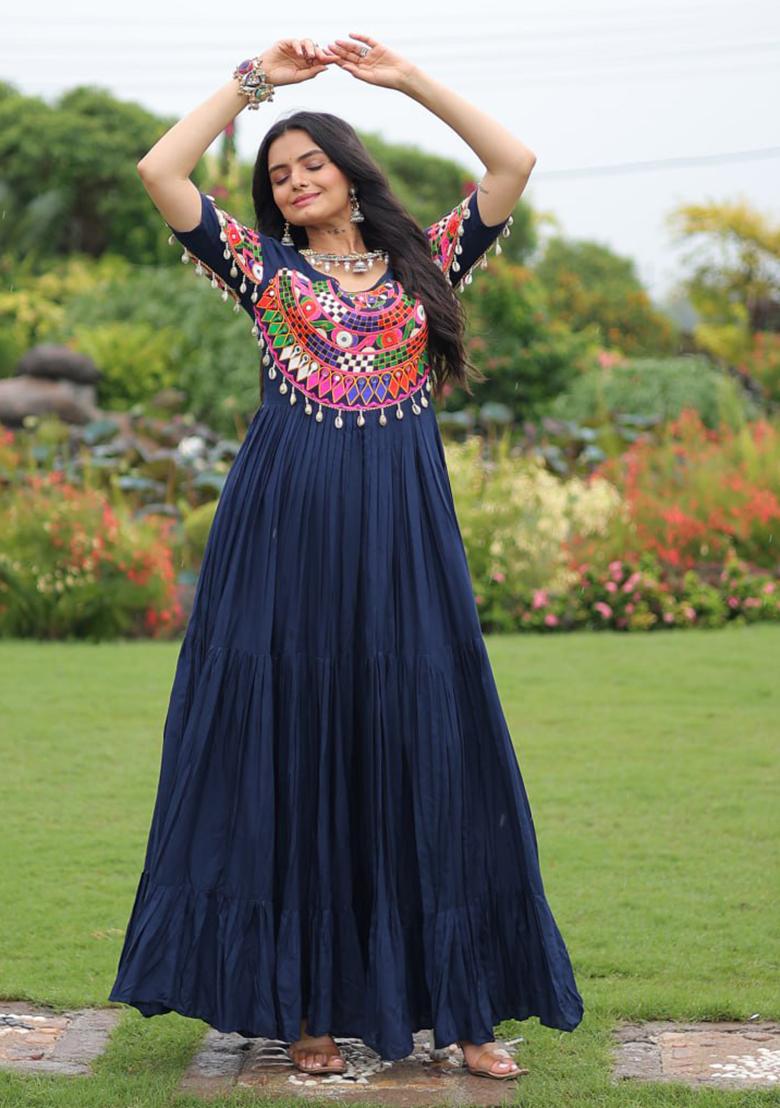 Blue Embroidered Rayon Gown - Indya