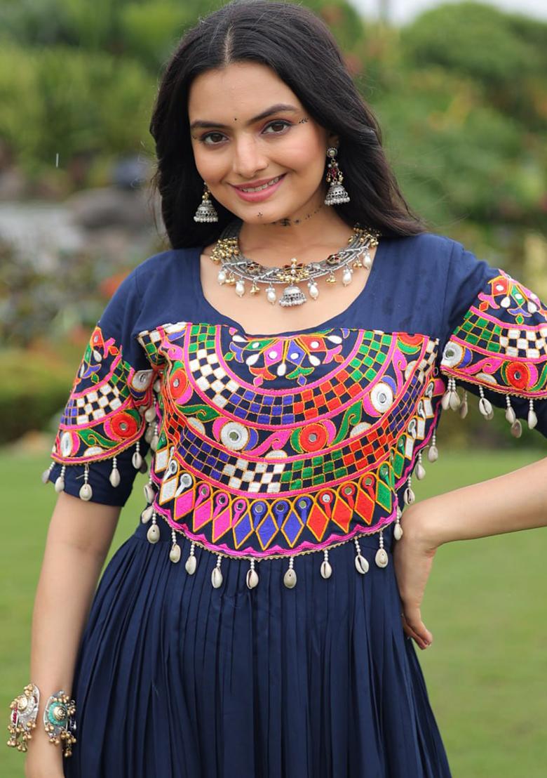 Blue Embroidered Rayon Gown - Indya