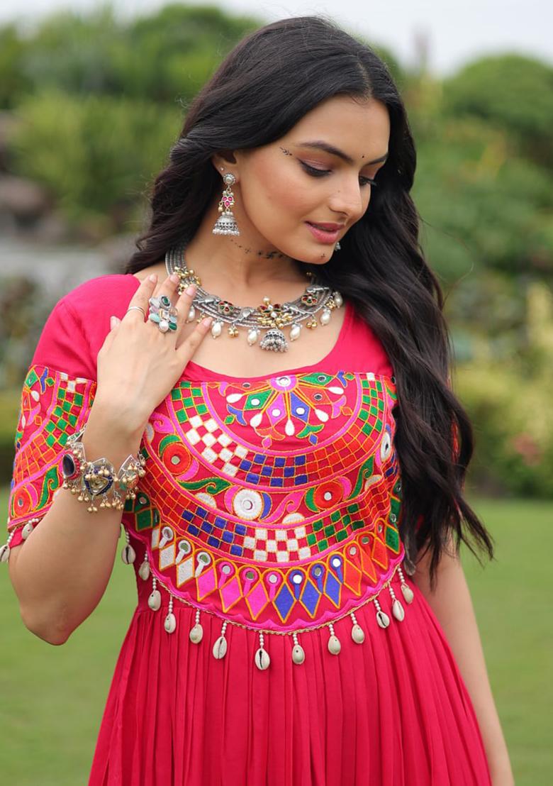 Pink Embroidered Rayon Gown - Indya