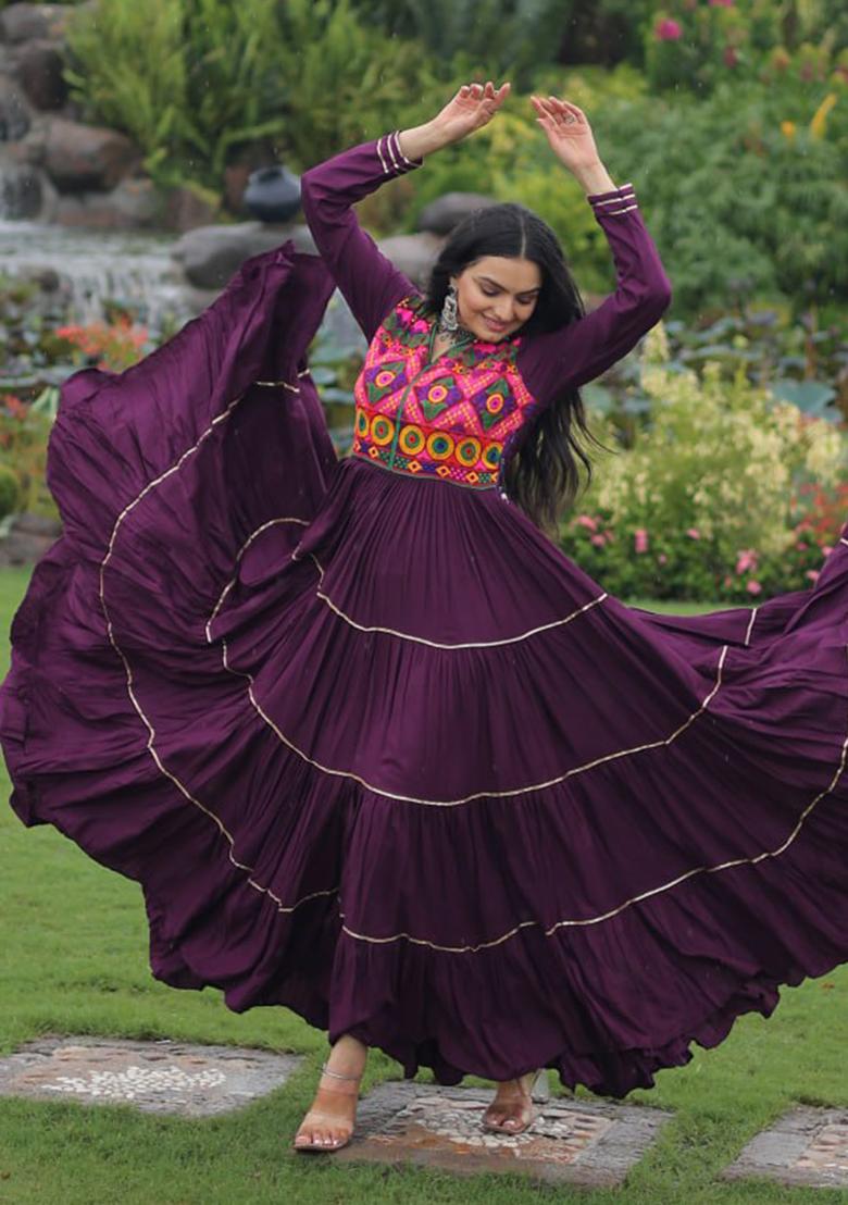 Wine Embroidered Rayon Gown - Indya