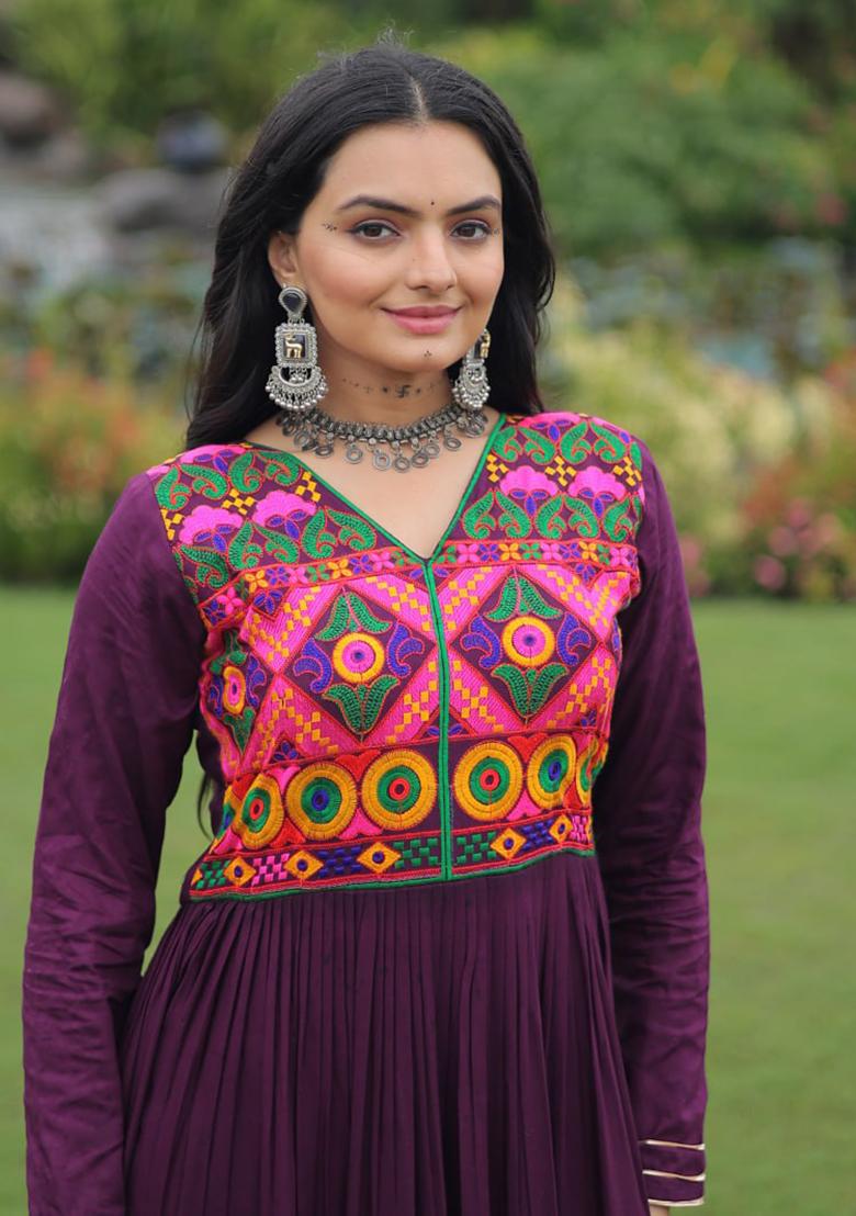 Wine Embroidered Rayon Gown - Indya