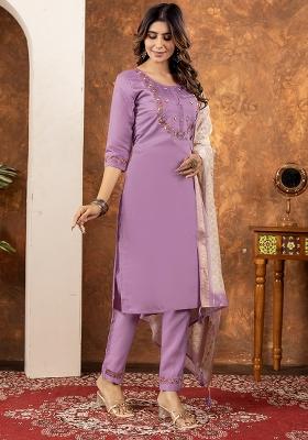 Purple Embroidered Silk Salwar Kameez Set With Dupatta