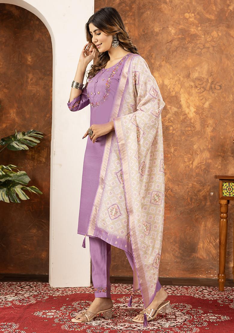 Purple Embroidered Silk Salwar Kameez Set With Dupatta