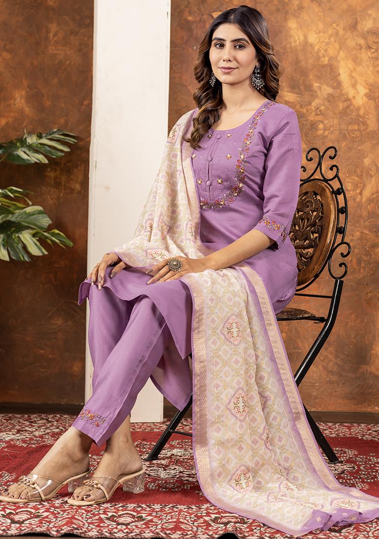 Purple Embroidered Silk Salwar Kameez Set With Dupatta
