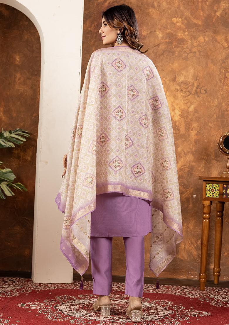 Purple Embroidered Silk Salwar Kameez Set With Dupatta