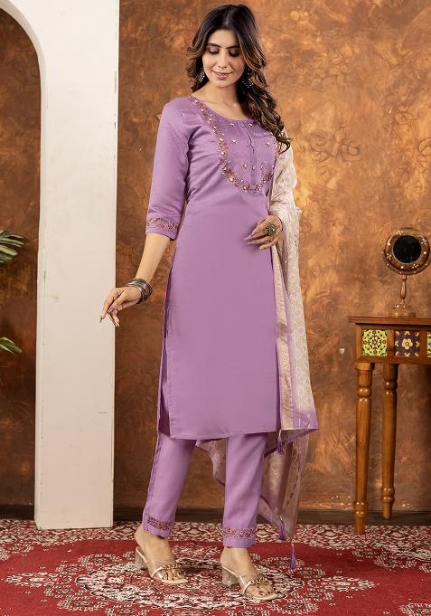 Purple Embroidered Silk Salwar Kameez Set With Dupatta
