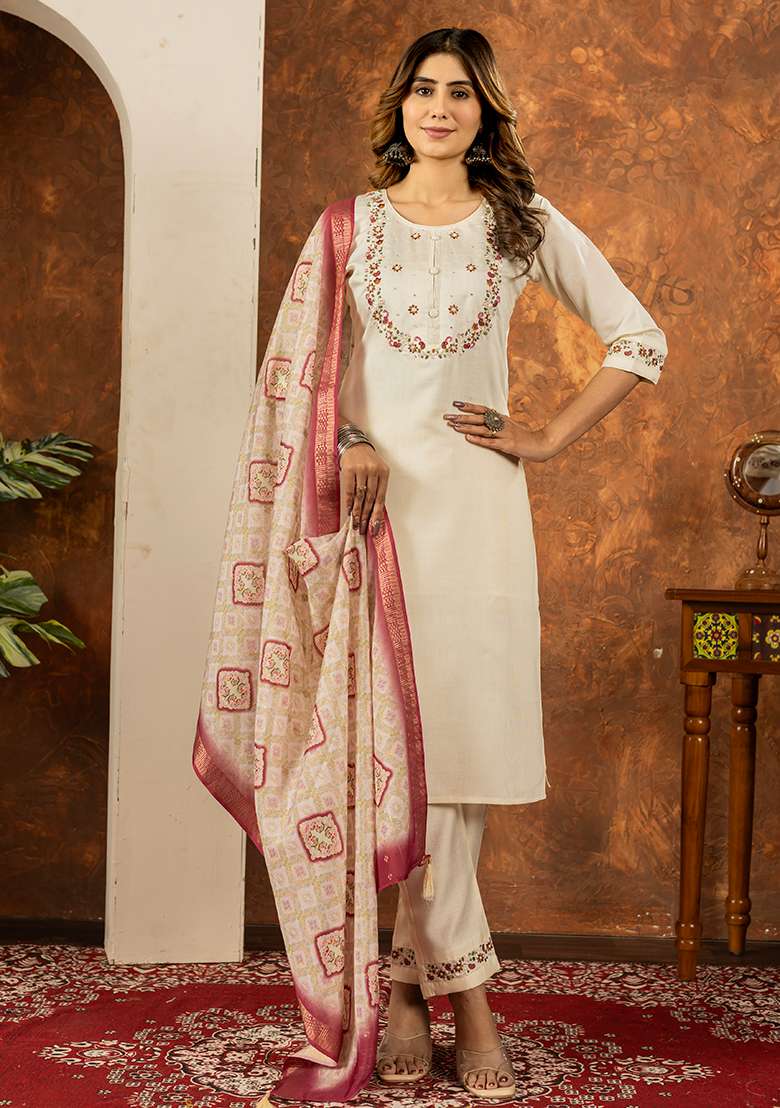 White Embroidered Silk Blend Straight Kurta Set - Indya