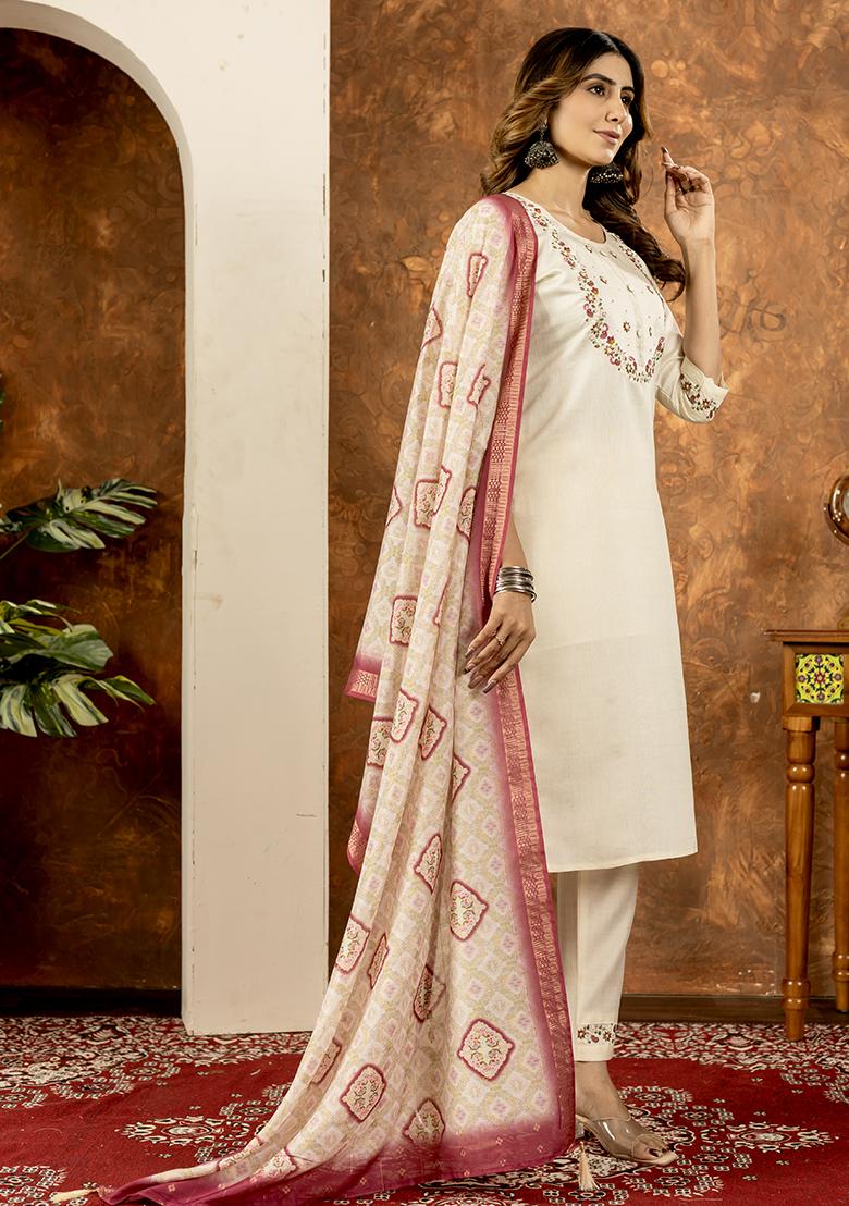 White Embroidered Silk Salwar Kameez Set With Dupatta - Indya