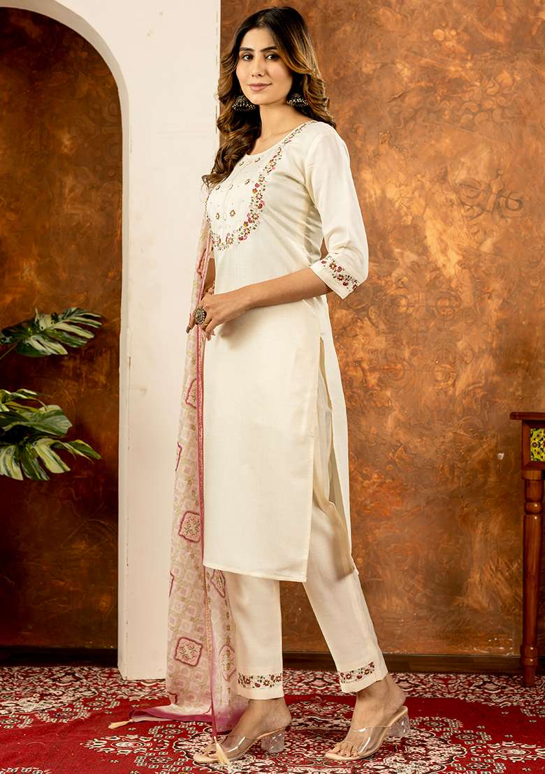White Embroidered Silk Blend Straight Kurta Set - Indya