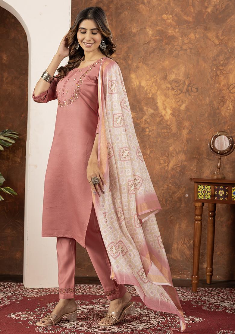 Peach Embroidered Silk Salwar Kameez Set With Dupatta