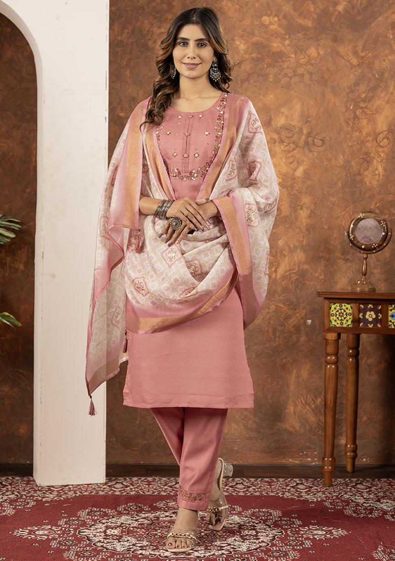 Peach Embroidered Silk Salwar Kameez Set With Dupatta