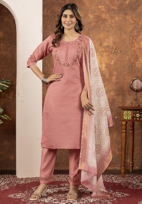 Peach Embroidered Silk Salwar Kameez Set With Dupatta