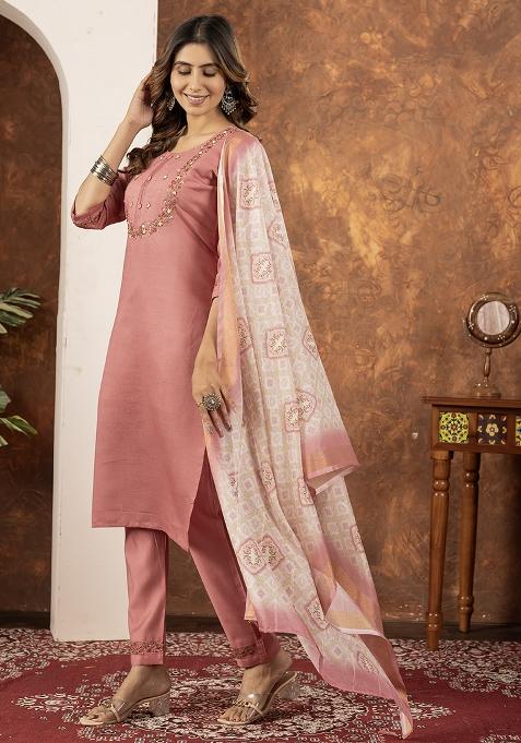 Peach Embroidered Silk Salwar Kameez Set With Dupatta