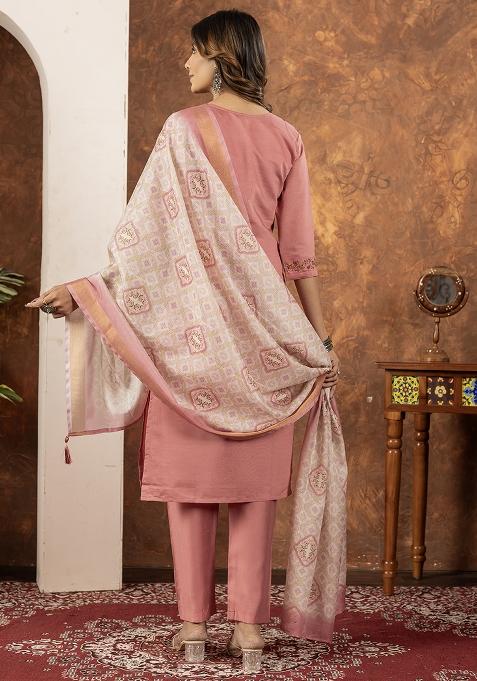 Peach Embroidered Silk Salwar Kameez Set With Dupatta