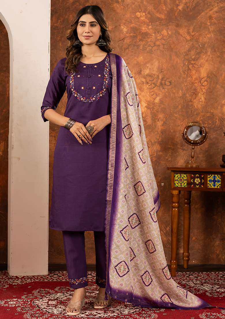 Wine Embroidered Silk Blend Straight Kurta Set - Indya