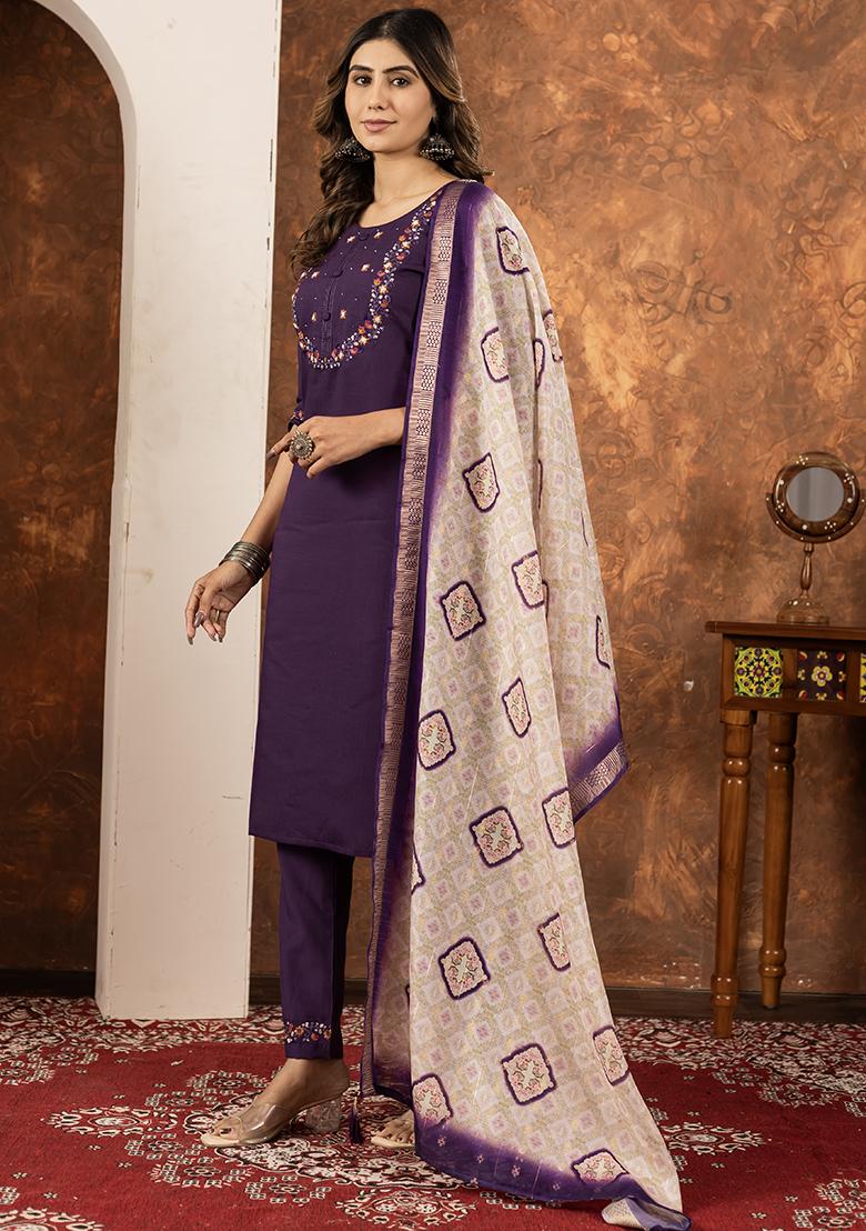 Wine Embroidered Silk Salwar Kameez Set With Dupatta - Indya