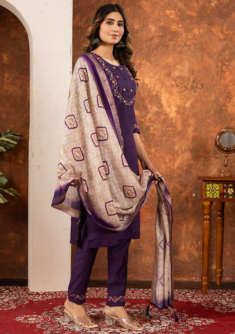 Wine Embroidered Silk Blend Straight Kurta Set - Indya