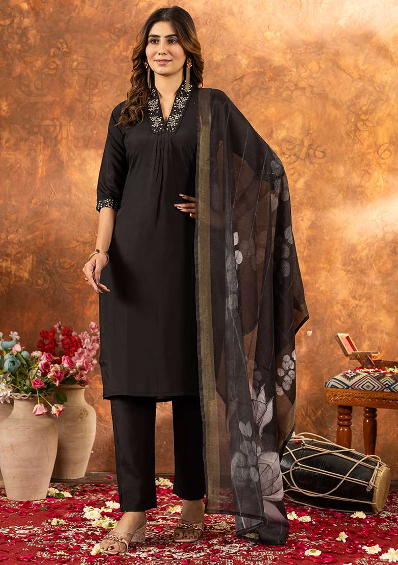 Black Embroidered Silk Salwar Kameez Set With Dupatta - Indya