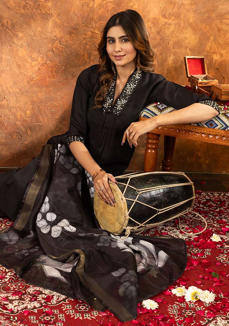 Black Embroidered Silk Salwar Kameez Set With Dupatta - Indya