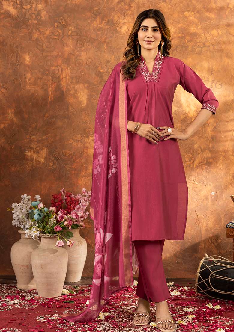 Red Embroidered Silk Salwar Kameez Set With Dupatta - Indya