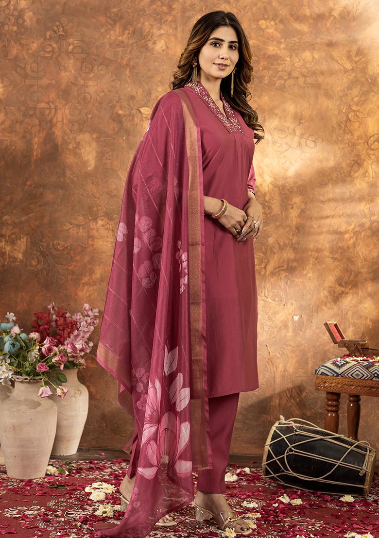 Red Embroidered Silk Salwar Kameez Set With Dupatta - Indya