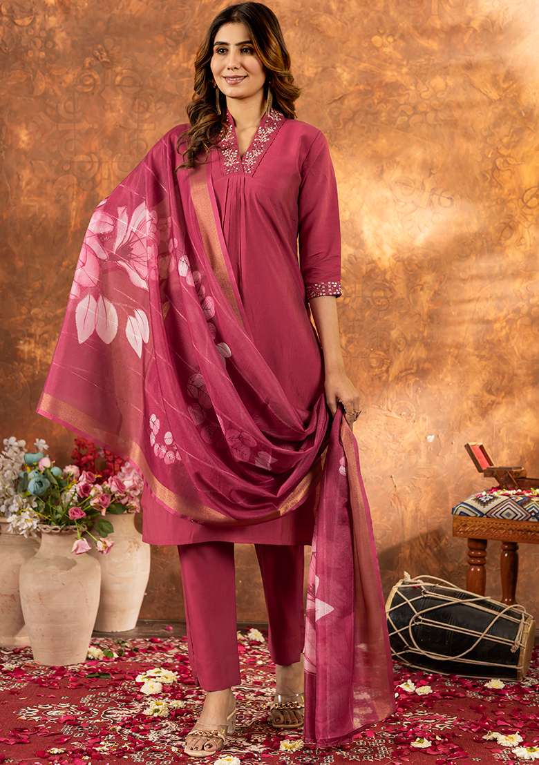 Red Embroidered Silk Salwar Kameez Set With Dupatta - Indya