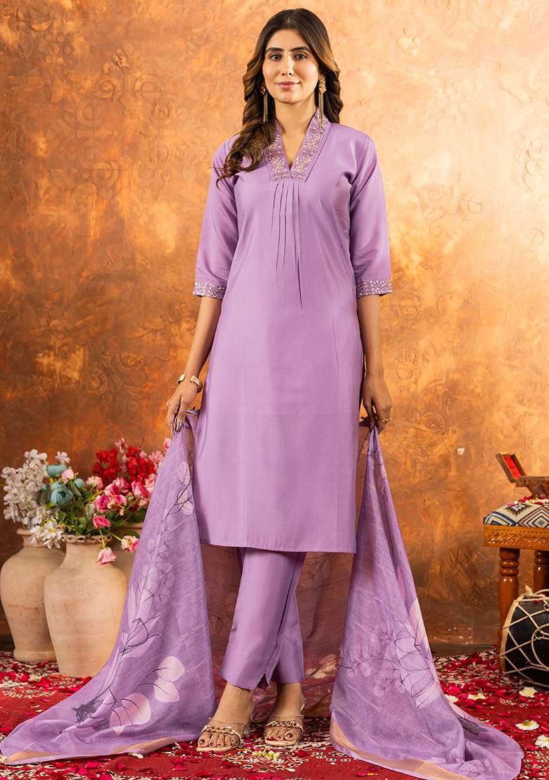 Purple Embroidered Silk Salwar Kameez Set With Dupatta - Indya