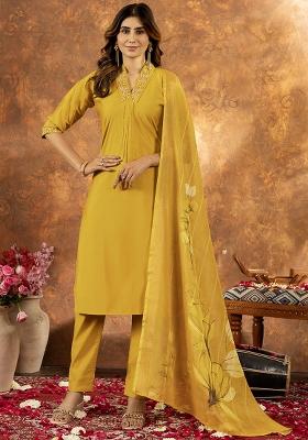 Yellow Embroidered Silk Salwar Kameez Set With Dupatta