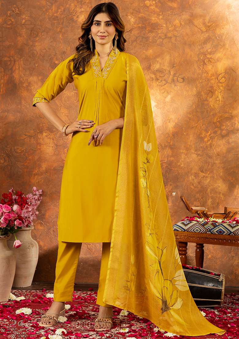 Yellow Embroidered Silk Salwar Kameez Set With Dupatta - Indya