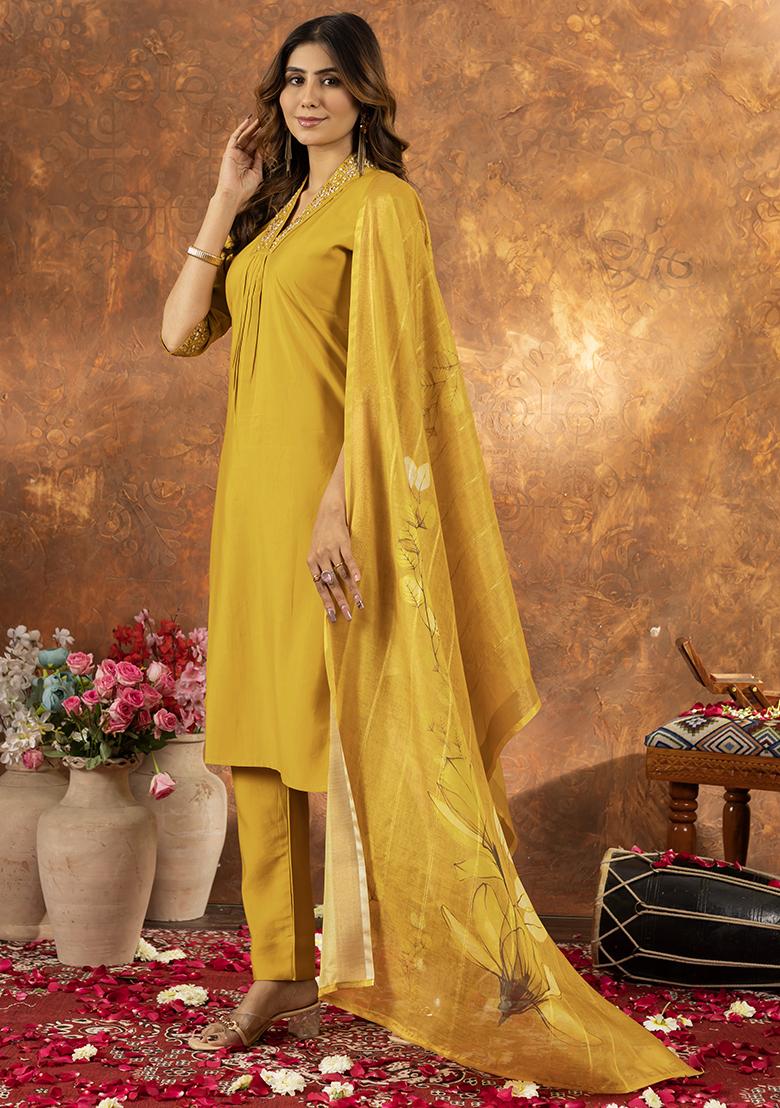 Yellow Embroidered Silk Salwar Kameez Set With Dupatta - Indya