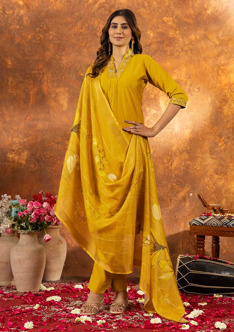 Yellow Embroidered Silk Salwar Kameez Set With Dupatta - Indya