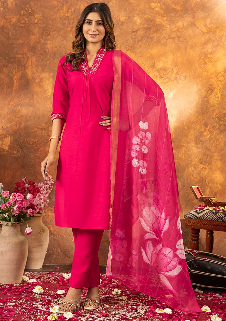 Pink Embroidered Silk Salwar Kameez Set With Dupatta - Indya